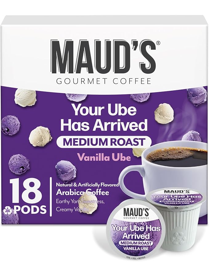 Maud's Vanilla Ube Flavored Coffee Pods, 18 ct, Medium Roast Flavored Coffee in Recyclable Single Serve Pods – 100% Arabica Beans, Compatible with Keurig K Cups Maker