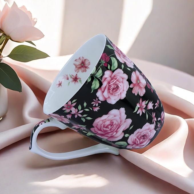 14oz Bone China Coffee Mugs for Women Floral Coffee Mug Tea Cups Novetly Coffee Cups Gift for Women Mom Friends