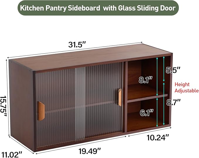 Wall Mounted Bamboo Countertop Storage Cabinet with Glass Door, Hanging Kitchen Cupboard with Adjustable Shelves, Small Pantry Sideboard for Dining Room, Bathroom, Walnut