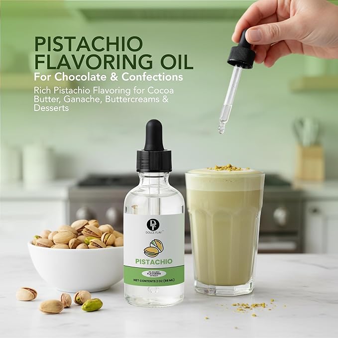 Natural Pistachio Oil Flavoring – 2 Ounce Oil-Soluble Premium Flavoring for Chocolate, Desserts & Baking | Ideal for Dubai Chocolate, Truffles, Cakes & More