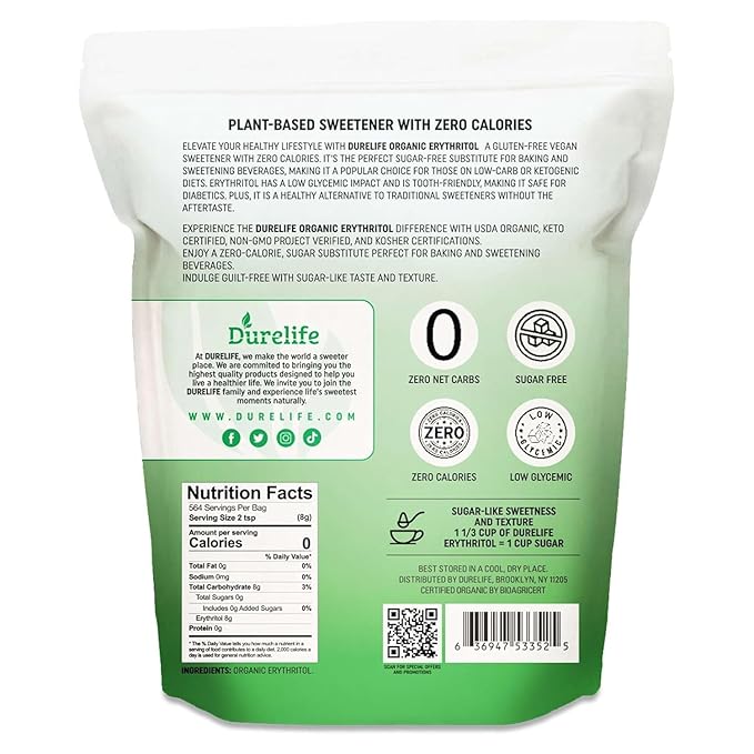 Durelife USDA organic erythritol sweetener, non gmo verified, Keto certified, No After Taste, Kosher, Zero Calorie Plant-Based Sugar Alternative 10 LB