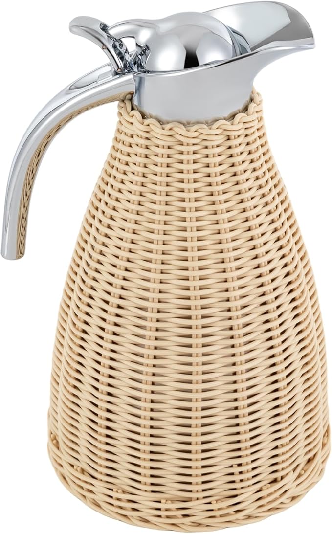 Stainless Steel Coffee Thermal Jug 1.5L/0.4 Gal Beige Rattan Double Walled Vacuum Insualted Jug Thermal Carafe with Handmade Rattan Body for Hot Liquids Keeping Hot for Home Coffee Shop
