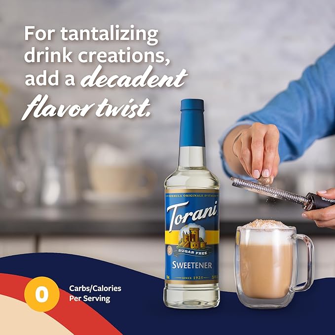 Torani Sugar Free Sweetener, Zero-Calorie Syrup for Drinks, Pump Included, 25.4 Fl Oz
