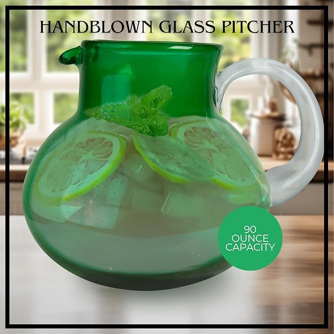 Artland Iris 90 Oz Handblown Glass Pitcher - Bubble Shape, Lead-Free - Versatile Drink Dispenser for Water, Juice, Cocktails - Enhanced Kitchen Decor, Dishwasher Safe (Green)