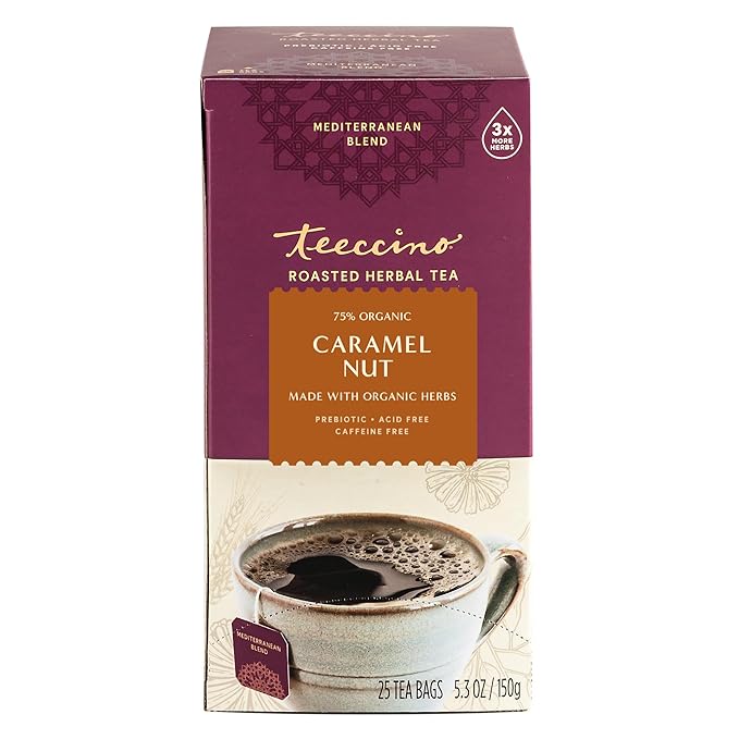 Teeccino Caramel Nut Herbal Tea - Rich & Roasted Herbal Tea That’s Caffeine Free & Prebiotic for Natural Energy, Coffee Alternative, 25 Count