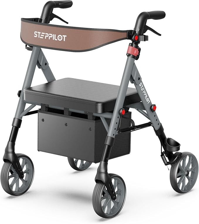 Foldable Aluminum Rollator Walkers with Cushion Seat for Senior, 16lbs Lightweight & 500 lbs Max Load, Adjustable 5-Level Seat Height & 6-Level Handles Height,8" Big Wheels,Dual Braking, Storage Bag