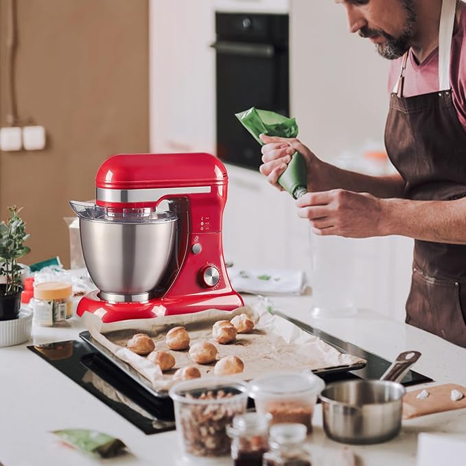 4.8QT Stand Mixer, 12-Speed Electric Kitchen Mixer with Tilt-Head, Stainless Steel Bowl, Egg Whisk, Dough Hook & Beater – Lightweight, Compact for Small Kitchens (Red)