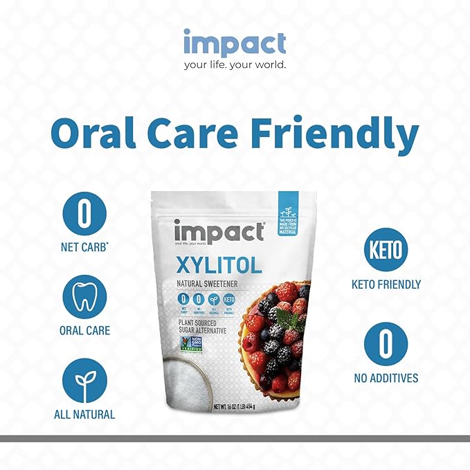 Impact - Xylitol Granular Sweetener - Plant-Sourced, Low Carb, No Additives, Oral Care Support, Zero Net Carb Sugar Alternative - 1 lb Pouch