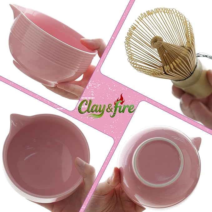 Clay&Fire Matcha Whisk Set, 9 pcs Ceramic Matcha Set, Gifts for Women,Matcha Bowl with Spout and Whisk, Matcha Kit for Matcha Lovers, Ideal Gift Christmas, Birthday, Anniversary(Pink)