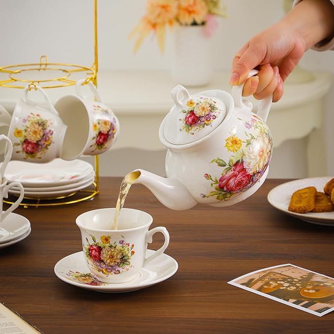 20-Pieces Porcelain Tea Sets For Women, Tea Set For Adult with Golden Metal Rack,Tea Gift Sets for Home&Party(012)