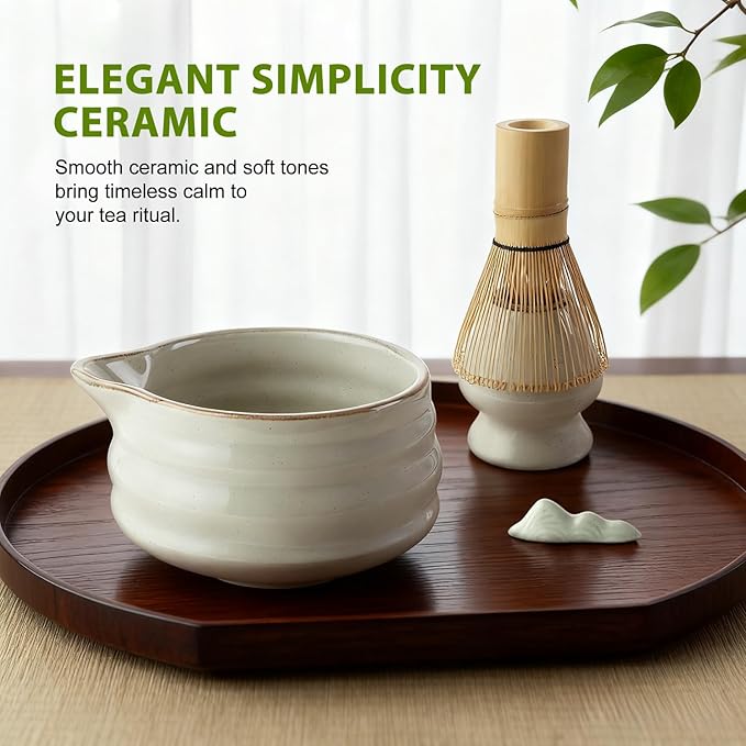Soeos Premium Matcha Traditional Starter Set, 7-Piece Matcha Kit with Bamboo Whisk (Chasen), Scoop (Chashaku), Stainless Steel Sifter, Whisk Stand, Matcha Bowl, Scoop Rest, and Tea Towel