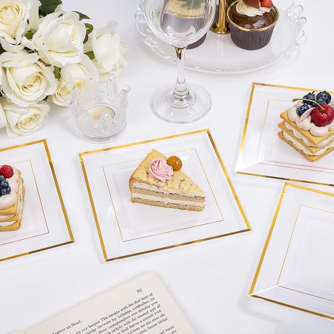 bUCLA 100PCS Clear Gold Plastic Square Plates - 6 Inch Clear Disposable Dessert/Cake Plates with Gold Trim - Ideal for Weddings,Birthday&Party