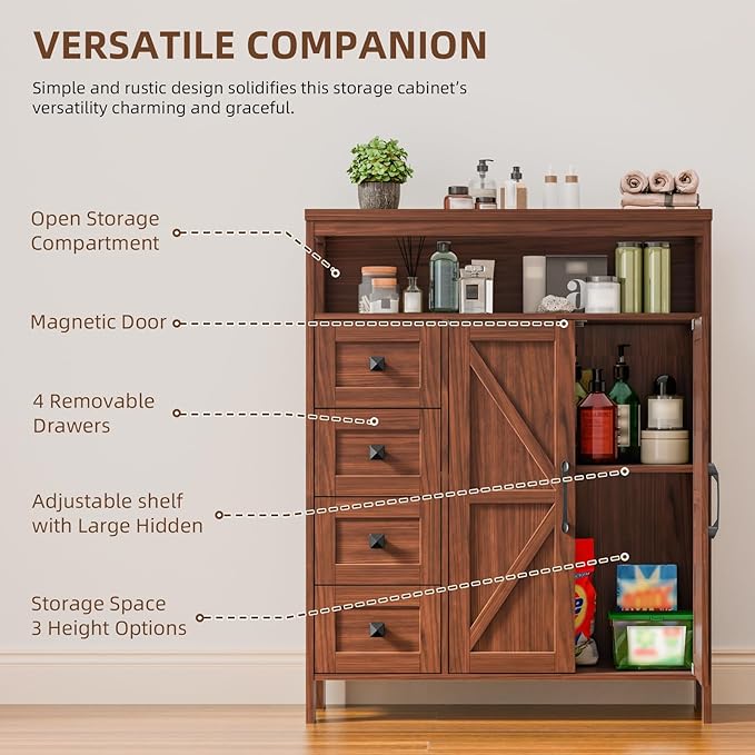 Vabches Farmhouse Storage Cabinet with 2 Doors and 4 Drawers, Freestanding Bathroom Compartment Kitchen Pantry Cabinet, Floor Cupboard for Kitchen/Living Room/Bathroom,Walnut