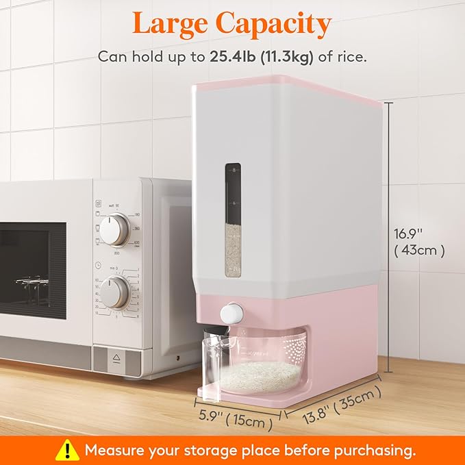 Lifewit 2 Pack Rice Dispenser 25 Lbs(11.3kg), Rice Storage Container Sealed Moisture Proof with Measuring Cup for Kitchen Pantry Household, BPA-Free, Pink