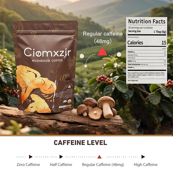 Mushroom Coffee, Instant Organic Mushroom Coffee with Cordyceps, Reish, Turkey Tail, Lions Mane for Energy, King Trumpet, Shitake, Focus,Positive Mood & Immune Support (30 Servings)