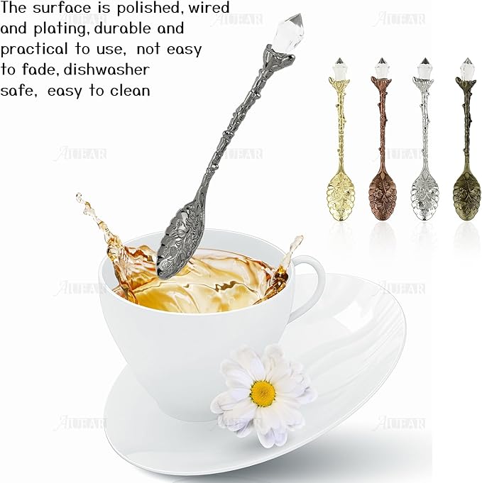 AUEAR, Retro Crystal Antique Alloy Spoon Coffee Tea Dessert Mini Ice Cream Decorative Spoons Set for Home Office (10 Pack)