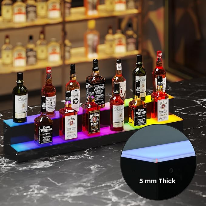 Dethan 2 Tier 40 Inch Liquor Bottle Display Shelf - Wine Racks with Multi-Color App & Remote Control, Adjustable Brightness & Sound Modes, Acrylic Bar Shelves for Commercial Clubs