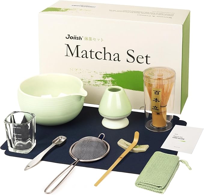Matcha Whisk Set, Matcha Kit 10-Pcs, Bamboo Whisk and Ceramic Bowl with Spout & Measuring Spoon & Cup, Japanese Ceremony Matcha Tea Making Tools