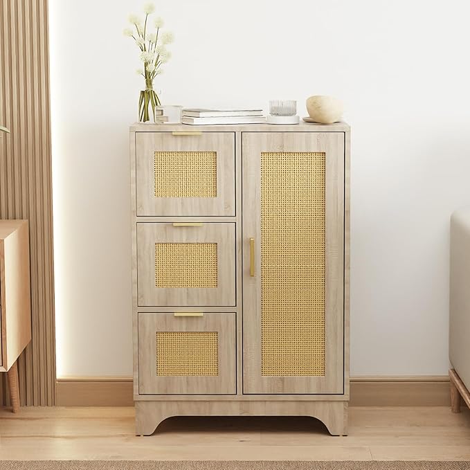 ALBAD Boho Sideboard Buffet Cabinet with 3 Storage Drawer Rattan Door and Adjustable Storage Shelves Rustic Farmhouse Coffee Bar for Dining Room, Kitchen, Natural Wood