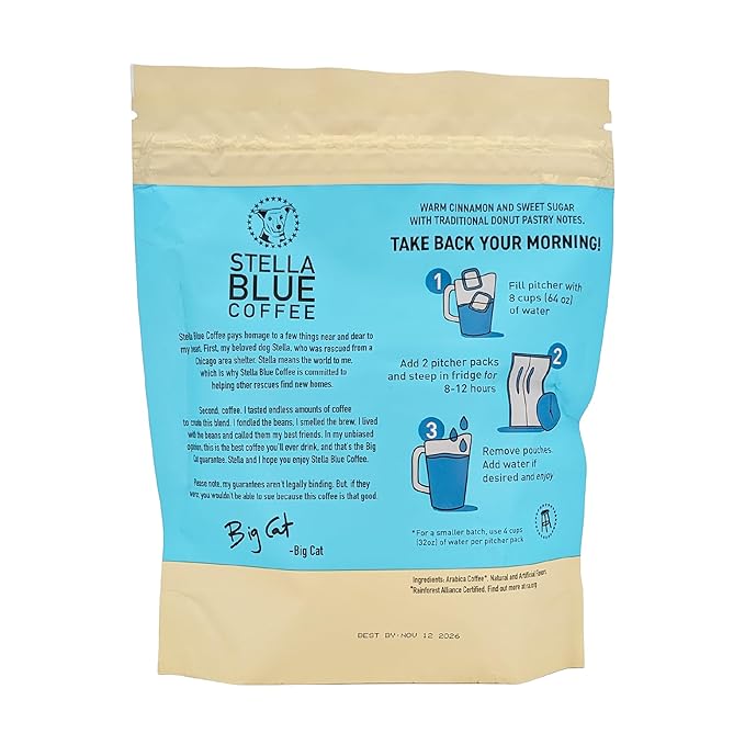 Stella Blue Cold Brew Coffee Bags, Cinnamon Sugar Donut, Medium Roast Ground Coffee, Smooth, Bold and Refreshing 100% Arabica, 6 Brew Packets, Makes 24 Cups, Rainforest Alliance Certified