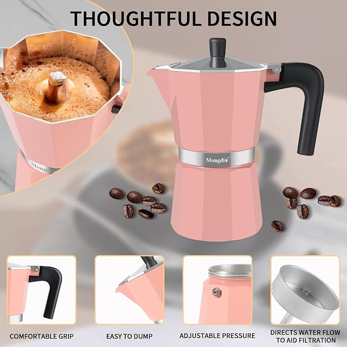 Mongdio Stovetop Espresso Maker Moka Pot, Stove Top Cuban Coffee Maker, Italian Greca Mocha Pot, 9 Espresso Cups, 15 oz - Pink