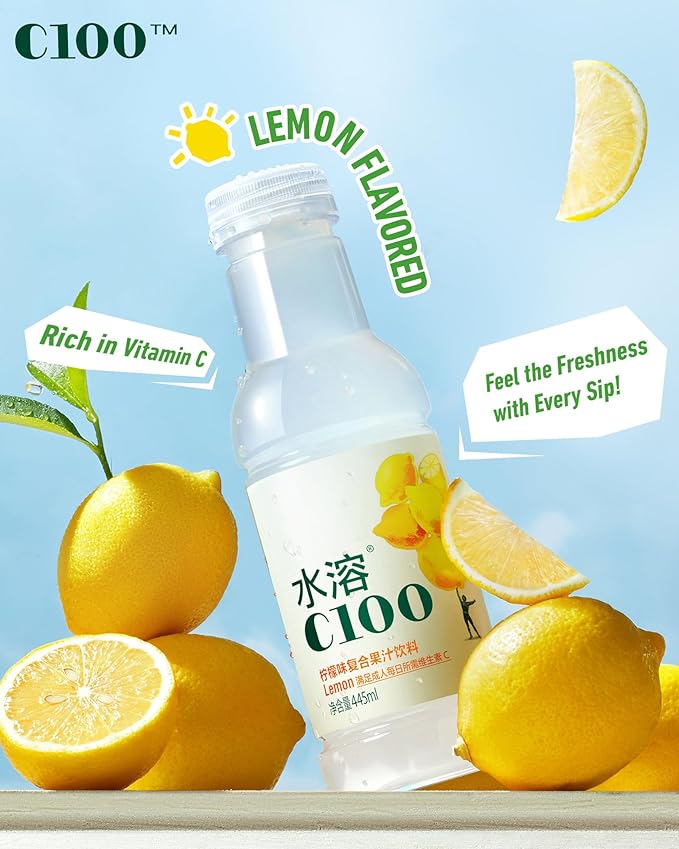 C100 Lemon Flavored Composite Juice Drink，100mg Vitamin C Per Bottle, 12% Real Fruit Juice, -15 fl oz, 445mL, 15 Pack