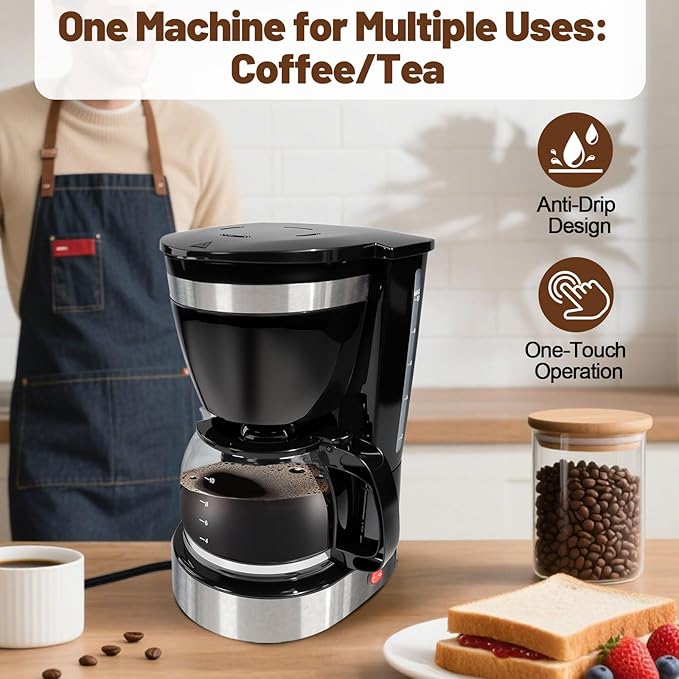 10 Cup Drip Coffee Maker One-Touch Anti-Drip Coffee Machine with Reusable Filter Carafe Auto Keep Warm Plate Spoon Coffee Pot Suitable for Home Use 110V