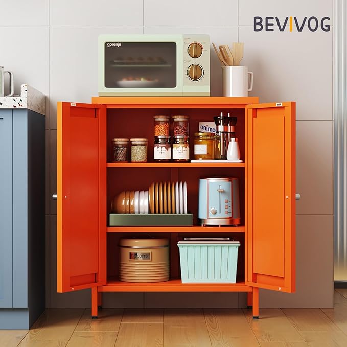 Small Bathroom Storage Cabinet, Orange Metal Locker with 2 Doors and 2 Adjustable Shelves, Small Locker Cabinet Sideboard for Home Office, Living Room, Hallway, Entryway