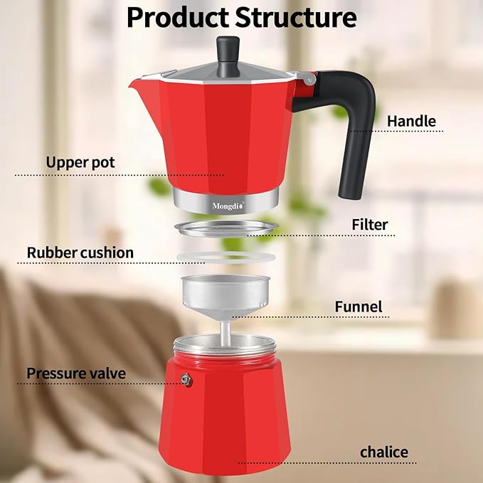 Mongdio Stovetop Espresso Maker Moka Pot, Stove Top Cuban Coffee Maker, Italian Greca Mocha Pot, 9 Espresso Cups, 15 oz - Red