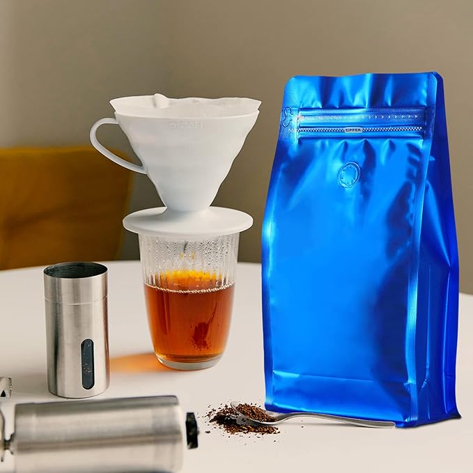 REMTAP Coffee Bags with Valve(50pcs,16 oz) Navy Blue High Barrier Aluminumed Foil Flat Bottom Standing Coffee Beans Storage Bags,Reusable Heat Sealable Side Zipper Pouches for Home or Store