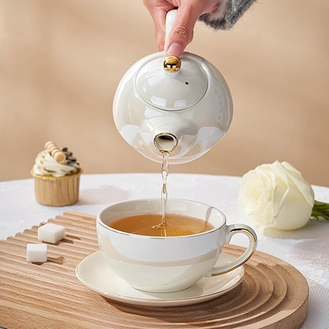 Tea for One Porcelain Teapot and Cup Set, Tea Set for One, Floral Teapot, Tea Set Gift for Women, Pearlescent white