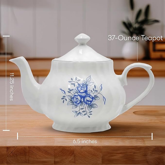 Lynns Porcelain Vintage Teapot with Embossed Swirls 37oz Tea Pot Classic White Tea Set for Parties & Celebrations Ideal Teapot for Tea Cups & Saucers Perfect for Tea Parties - Royal Rose