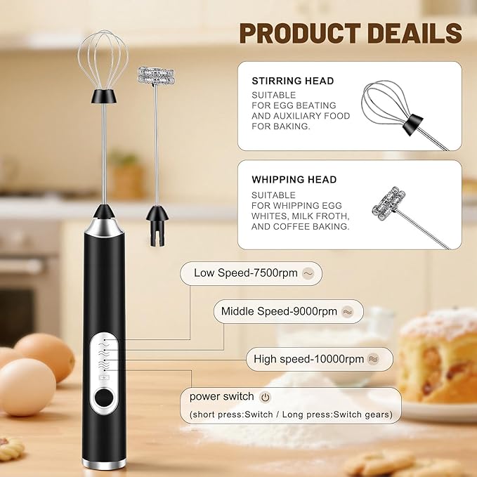 BEoffer Milk Frother Handheld Rechargeable 2000mAH Power Frother Wand Electric Foam Maker with 2 Stainless Whisks 3 Speeds Drink Mixer Coffee Frother for Latte, Cappuccino, Matcha (01 Black)