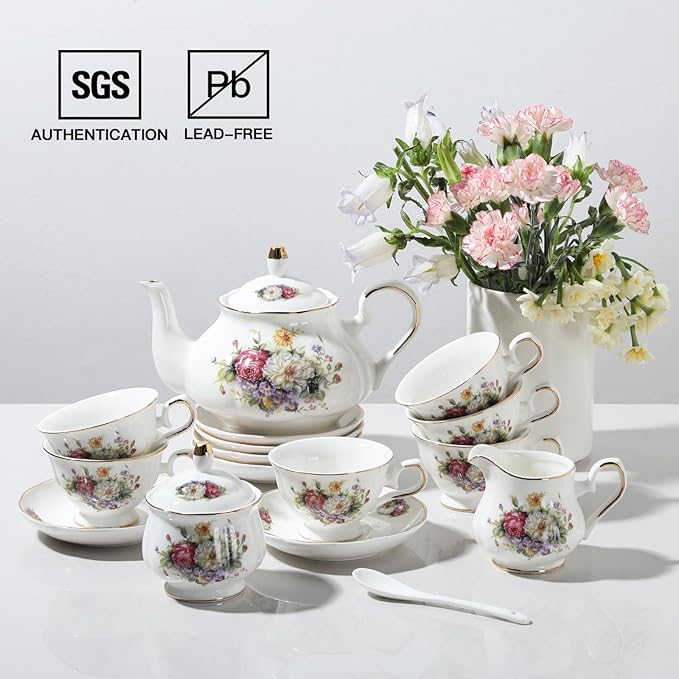 Sweejar Ceramic Teapot with Infuser, Floral Relief Gold Rimmed Teapot, 29 OZ Porcelain Tea Pot for Blooming and Loose Tea, Coffee...(Flower Style)