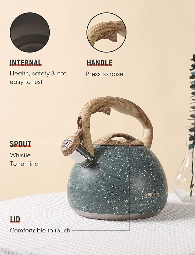 BELANKO 2.7 Quart Tea Kettle for Stovetops - Food Grade Stainless Steel Teapot with Loud Whistle, Cool-Touch Wood Pattern Handle, Rust-Resistant Whistling Kettle - Starry Green