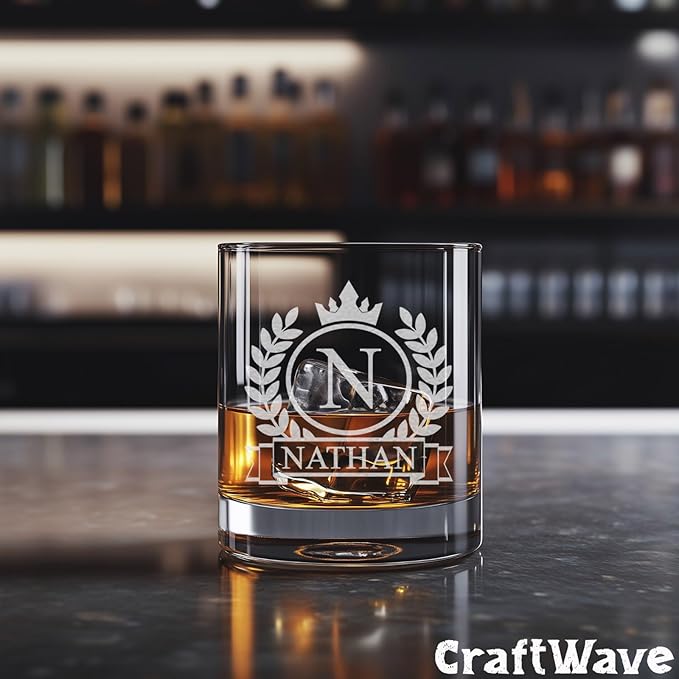 Personalized Whiskey Glass for Men, Custom Engraved Name & Initial Rocks Glasses, 11oz, Barware for Men, Father’s Day Gifts - Set of 2