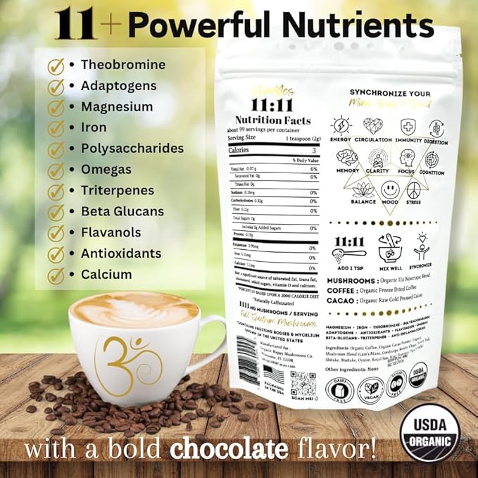 OhmYes 11 Mushroom Coffee + Cacao – Organic Nootropic Superfood Blend with Lion’s Mane, Reishi, Chaga, Cordyceps & Theobromine – Natural Brain Supplement for Memory, Focus & Energy (7 oz)