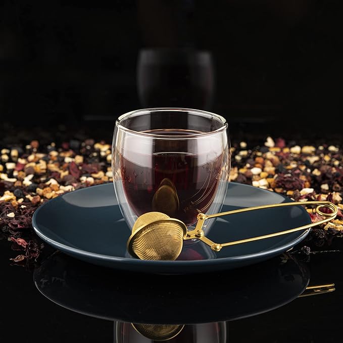 Tea Infuser Tea Ball Tea Filter with Clip for Brew Loose Tea Perfect Pincer Tea Infuser Busket Colador Infusor té Metal Mesh Tea Filter Sifter Fine Mesh Ball Tea Filter (Gold Long Handle Tea Filter)