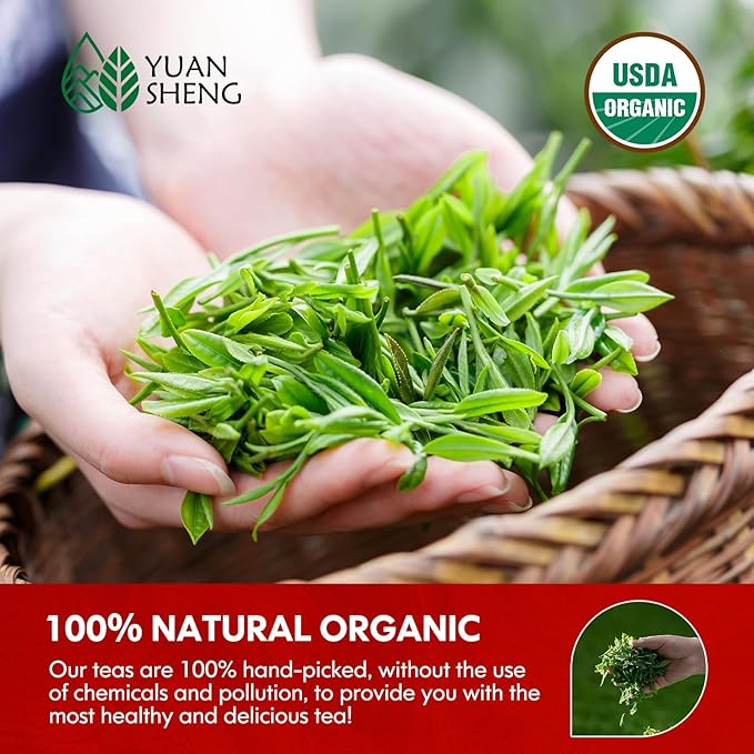 YUANSHENG Pu erh Tea Organic Loose Leaf, Chinese Yunnan Aged Fermented Black Tea, USDA Organic Ripe Puerh Tea, Rich Antioxidants, Deep Earthy Flavor, Digestive Health & Wellness Tea, 7.76 Oz