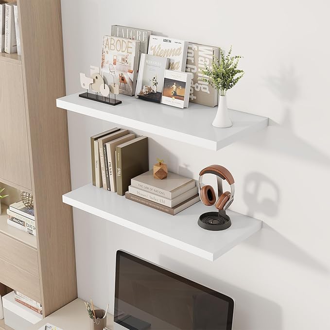 Dreamland 32" Floating Shelves for Wall, 12" Deep Slim White Floating Shelves, Wall-Mounted Shelves for Bedroom, Living Room, Kitchen, Bathroom - Set of 2