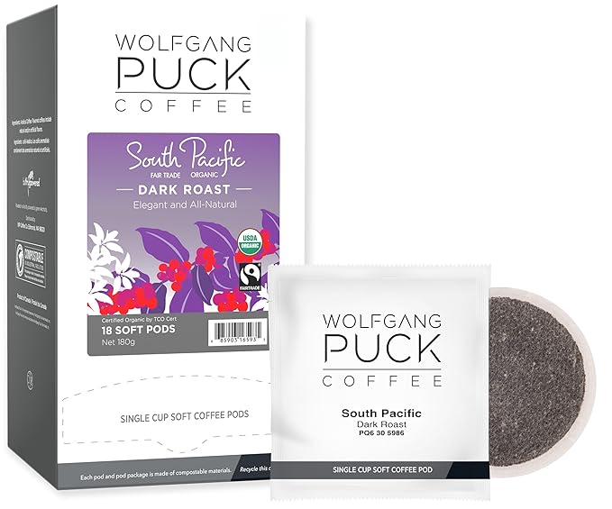 Wolfgang Puck Coffee, South Pacific Dark Roast, 9.5 Gram Soft Pod, 18 Count (Pack of 6)