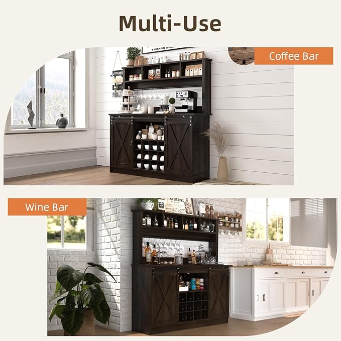 4ever2buy Farmhouse Coffee Bar Cabinet with Storage Hutch, 55“ Wine Bar with 12 Wine Racks and 8 Hooks, Coffee Station with 4 Open Shelves and Sliding Barn Doors for Kitchen, Dining Room, Dark Oak