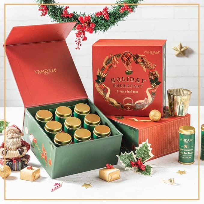 VAHDAM, Holiday Breakfast - Christmas Tea Gift Sets (90+ Cups) 9 Loose Leaf Teas - Luxury Gift Box | Christmas Gifts For Women, Men & Adults I Holiday Tea Gift Box