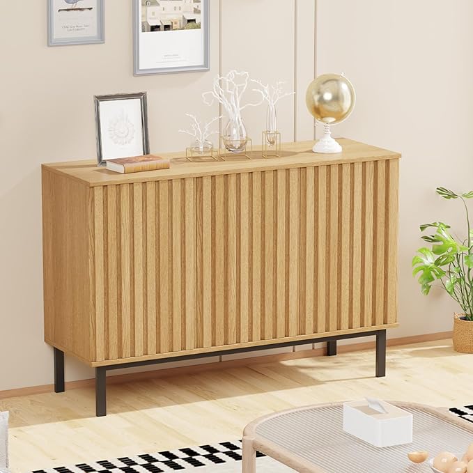 Garvee 47.2 Inch Sideboard Buffet Cabinet with Fluted Doors, Modern Wood Storage Cabinet with Adjustable Shelf, Freestanding Coffee Bar for Dining Room Living Room