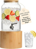 Kitchentoolz 1 Gallon Glass Drink Dispenser for Parties on Bamboo Stand - Premium Borosilicate Beverage Jar with Stainless Steel Spigot - Lemonade, Water, Sun Tea, Kombucha for Spa