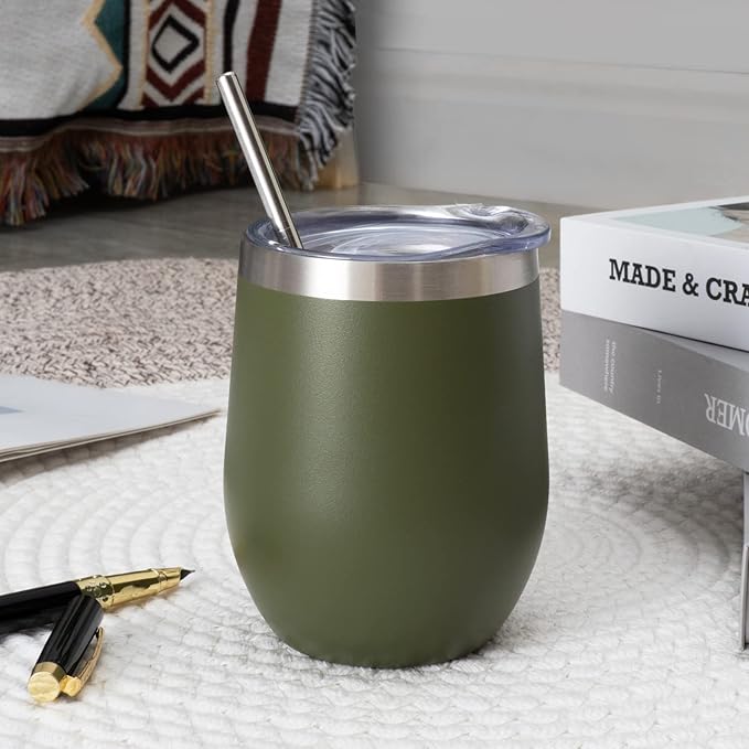 12 oz Insulated Wine Tumbler with Lid and Straw,Stainless Steel Stemless Wine Tumbler Glasses Double Wall Vacuum Wine Cups Tumbler Bulk for Champaign,Cocktail,Office(Navy Green,8)