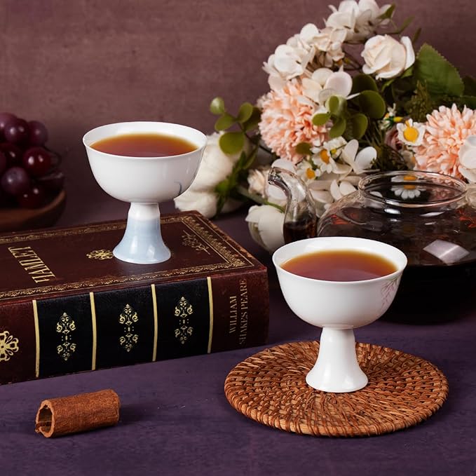 KAMMAK Tea Cup, 2.5oz Small Tea Cups Set of 2, White Porcelain Tea Set with Short Stem for Hot/Cold Drink, Pink and Blue Floral Ceramic Teacups, Chinese Kungfu Tea Cups for Home, Tea Party, Office
