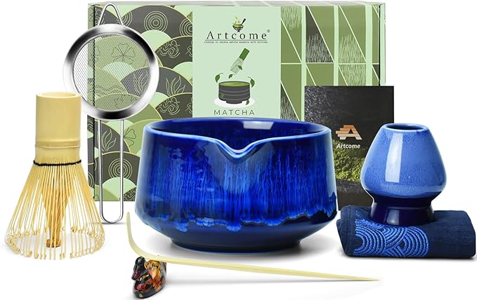 Artcome Matcha Tool Set - Complete Kit with Matcha Bowl with Spout, Bamboo Whisk, Tea Scoop, Whisk Holder, Scoop Holder, Tea Cloth & Powder Strainer, Glaze Blue