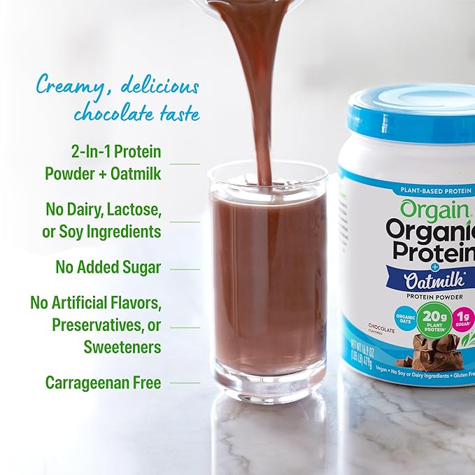 Orgain Organic Vegan Protein Powder + Oat Milk, Chocolate - 20g Plant Based Protein, Gluten Free, No Dairy, Soy or Lactose Ingredients, Low Sugar, Non-GMO, Kosher, For Shakes & Smoothies - 1.05lb