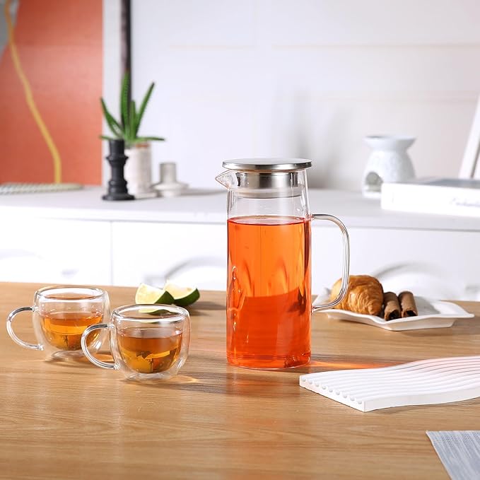 Glass Pitcher With Lid and Spout - Iced Tea and Beverage Pitcher for Fridge, Small Water Jug 1000ml/34oz